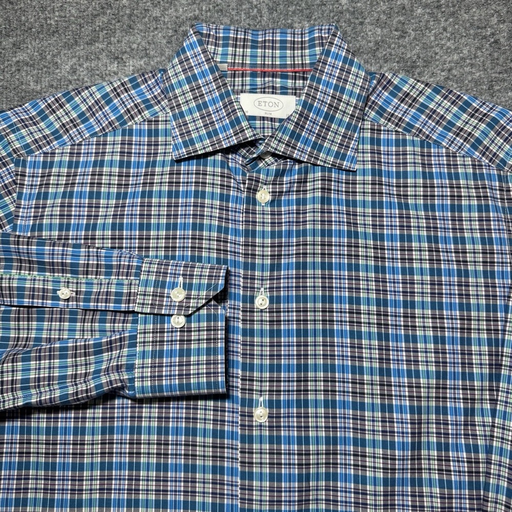 Eton Shirt Men Medium 39 15.5 Blue Signature Twill Slim Plaid‎ Check Button Up